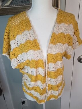 Flying Tomato Yellow & Cream Crochet Open Cardigan